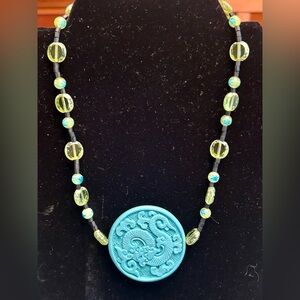Blue Dragon Pendant Necklace with Green/Blue beads